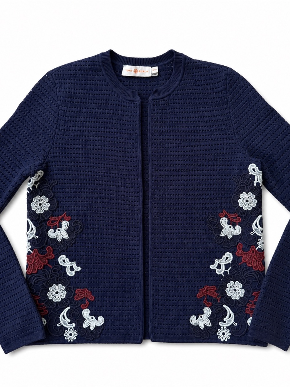 Tory Burch Navy Crochet Cardigan with Floral Embroidery